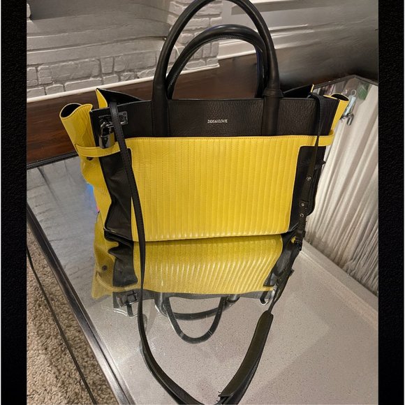 ZADIG & VOLTAIRE LARGE DRAMATIC CANDIDE YELLOW AND BLACK LEATHER TOTE - Picture 7 of 11